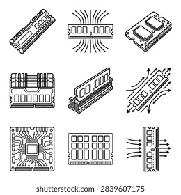 Collection of computer RAM modules and a CPU chip icon with circuit board lines