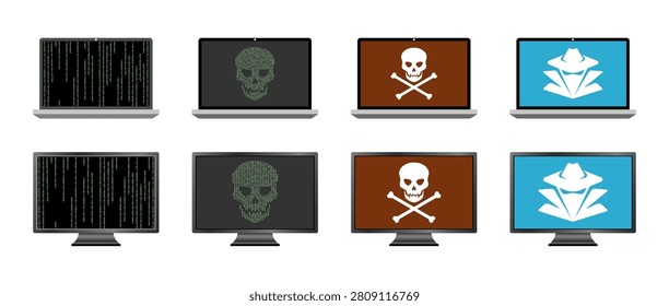 A collection of computer screens and monitors displaying various digital threat symbols including code, skull and crossbones, and a hacker silhouette. Digital threat icons displayed on multiple computer screens and monitors