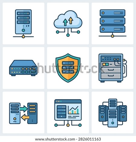 Collection of computer server icons and a cloud computing symbol representing data storage and network infrastructure