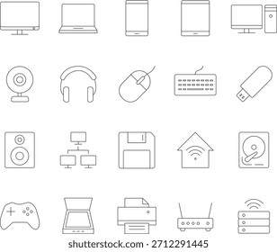 Una colección de iconos de línea relacionados con la informática y la tecnología con trazos editables, adecuados para varios diseños digitales e impresos.
