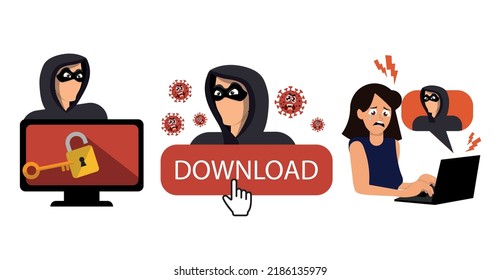 Collection of computer virus detection icons. System error warning on a laptop. Emergency alert of threat by malware, virus, trojan, phishing, or hacker. Creative antivirus concept. Vector flat style.