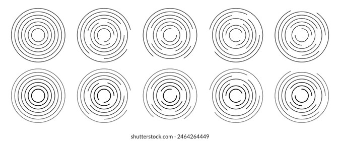 Colección del conjunto de Vectores de trazo editable concéntrico. Señal radial, onda sonora, icono de onda sonora