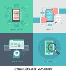 Collection of concept icons in flat design style of how to optimize website for mobile. The collection includes: responsive web design, clear code, diagnostic test and perfect readability