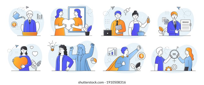 Collection of concepts on personal growth, self-branding, self branding and gender stereotypes and gender equality. Set of outline cartoon vector illustrations with fictional characters