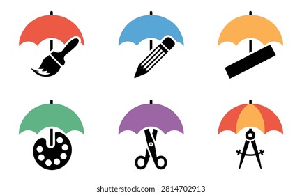 Collection of conceptual icons representing protection for various creative tools and artistic endeavors