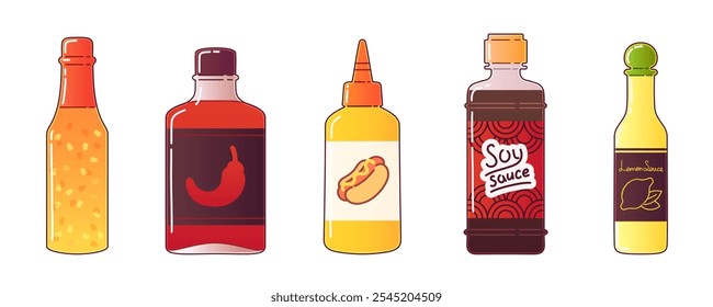 Collection of condiment bottles - spicy chili mixture, hot mustard dispenser, lemon dressing, Asian soy seasoning and pepper sauce. Simple flat jars for barbecue, cooking or restaurant menu design.