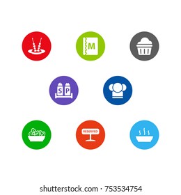 Collection Of Condiments, Registered, Canape And Other Elements.  Set Of 8 Restaurant Icons Set. 