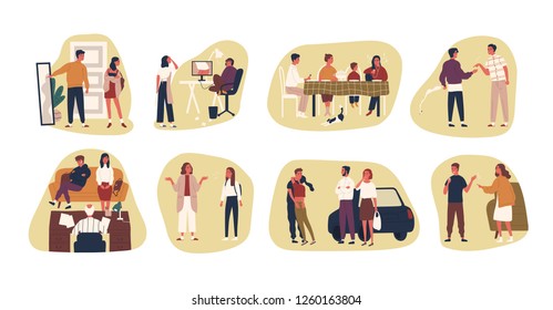 Collection of conflict situations or scenes between parents and their teenage kids. Bundle of adult people and teenagers arguing or quarrelling. Colorful vector illustration in flat cartoon style.