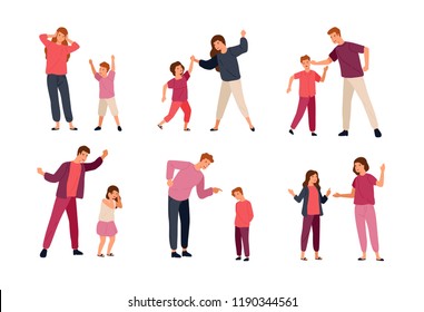 Collection of conflicts between parents and children isolated on white background. Problem of mutual aggression, offensive behavior, disobedience. Colorful vector illustration in flat cartoon style.