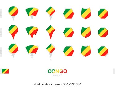 Colección de la bandera del Congo en diferentes formas y con tres efectos diferentes. Indicador de vector establecido.