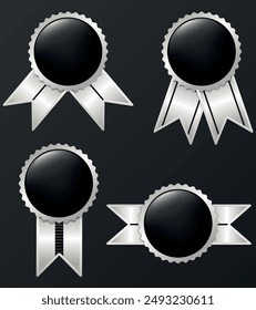 Colección de insignias cónicas negras y plateadas, cinta plateada, degradado negro, conjunto de etiquetas, Ilustración vectorial