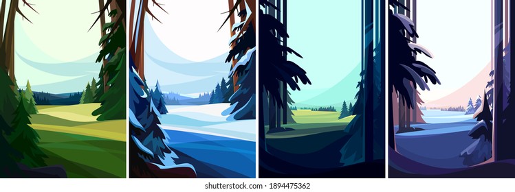 Collection of coniferous forests. Natural landscapes in vertical orientation.