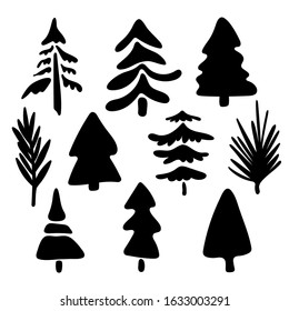 Collection of coniferous trees silhouettes. Christmas shapes of stylized trees. Needles and branches. Cartoon style and scribble. Botanical motifs of nature