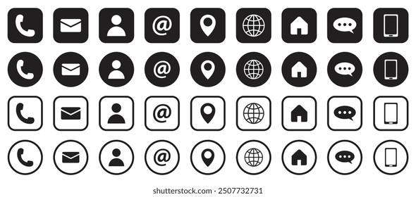 Collection of connect icon set. Contact us icon set phone email location chay website. Social media contact vector outlined icon set.