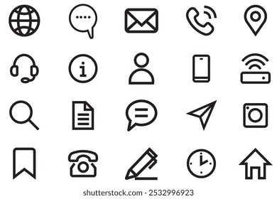 Sammlung von Verbindungssymbolen. Vektor des Kontaktsymbols. Startseite, Standort, Anruf, unter, E-Mail, Adresse, Globus, Chat, Nachricht, E-Mail, Telefon, Informationen, Support, Suche, Website, Symbol. Vektorgrafik.