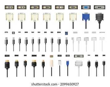 A collection of connectors and cables for computers, smartphones and other devices. Detailed realistic illustrations.