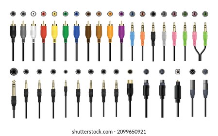 Collection of connectors and jacks for audio and video equipment. Detailed realistic illustrations.