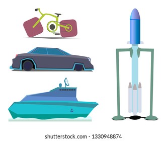 The collection consists of several modes of transport. Among them are a bicycle, a sea ship, a space launch vehicle and a car.
