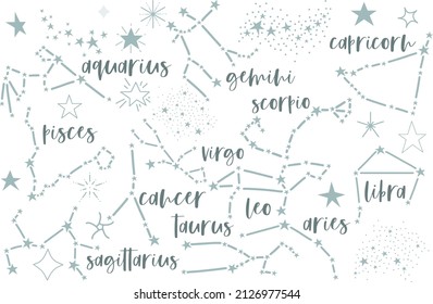 Collection of constellations, mystical and magical, astrology illustrations and elements. Stars, constellations. Flat vector illustration.