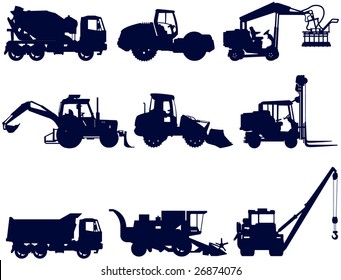 Collection of construction and agriculture machines, vector silhouettes, illustration