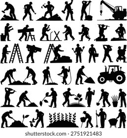 Collection of construction and agriculture worker silhouettes performing building digging hammering ladder work planting harvesting tractor farming and manual labor activities isolated on white