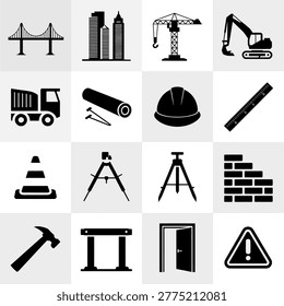 Collection of Construction and Architecture Icons Featuring Tools Buildings and Heavy Machinery Design Elements