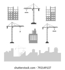 Collection of construction cranes and buildings under construction for decorating.