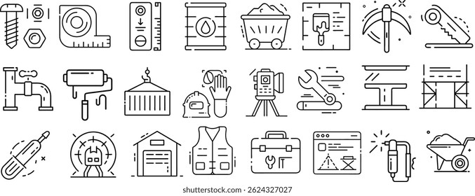 Collection of construction and engineering equipment icons depicting various tools and elements in bold outline style icon