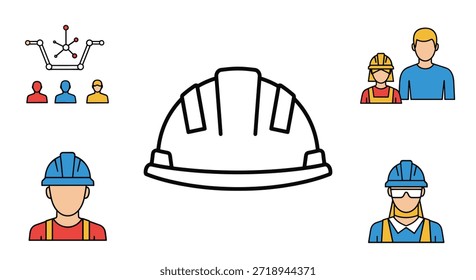 Colección de iconos de la construcción y la ingeniería, con un casco, trabajadores y un dron, en un colorido estilo de arte lineal.