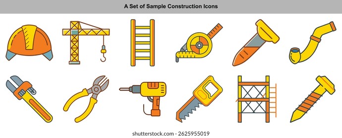 Coleção de ícones de equipamento de construção. Ferramentas como chapéu, grua, escada, fita métrica, serra, broca e andaimes ilustradas em branco.