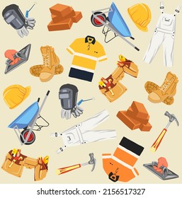 Collection of construction equipment and outfits. construction seamless pattern vector illustration