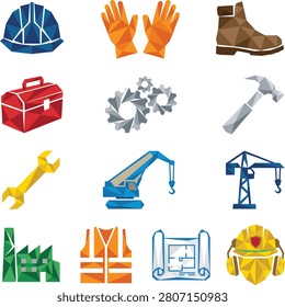 Collection of construction gear, hard hat, work gloves, boots, toolbox, wrench, crane, blueprint, safety vest icons.