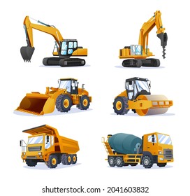 Collection of construction heavy machinery vehicles isolated illustration