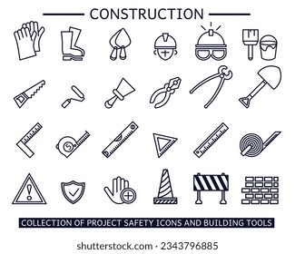 Sammlung von Bausymbolelementen. umfasst Krane, Gebäude, Sicherheit, Lineale, Meter, Auftragnehmer, Arbeiter, Architektur und mehr. Vektorgrafik-Kollektion.