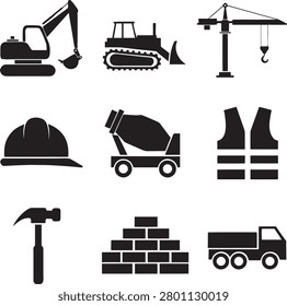 Collection of construction icons including excavator, bulldozer, crane, hard hat, boots, cement mixer, hammer, bricks, and truck.