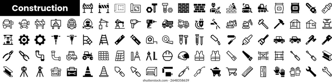 Uma coleção de ícones de construção mostrando várias ferramentas, máquinas e equipamentos de segurança em um design limpo e minimalista. Perfeito para projetos relacionados à construção.