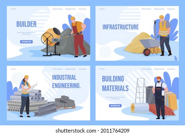 Collection construction landing page user interface vector flat illustration. Set building industrial engineering service banner with place for text. House architectural development residential estate