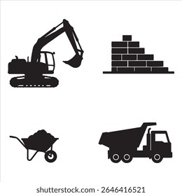 Coleção de máquinas de construção, elementos de construção e veículos de transporte em preto e branco.