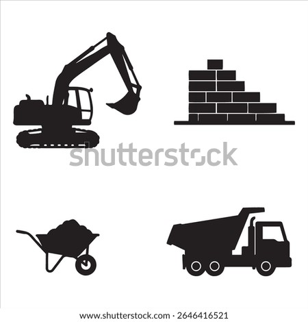 Collection of construction machinery, building elements, and transport vehicles in black and white.