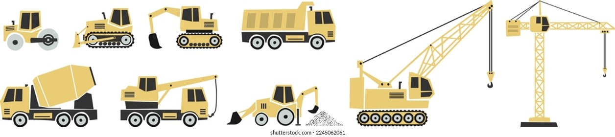 collection of construction machinery scandinavian style vector illustrations for children isolated on white background