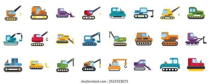 Collection of construction machines excavators and bulldozers working on construction site