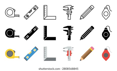 Collection of construction and measurement tool icons including a tape measure, spirit level, square, caliper, pencil, and plumb bob in outline, solid glyph, and flat color styles