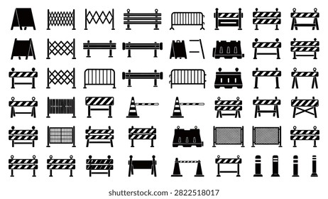Collection of construction and park barrier icons with benches and fences