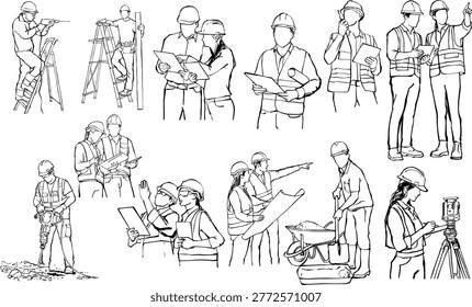 A collection of construction professionals, including engineers and surveyors, using total stations, reviewing blueprints, and operating machinery on site.