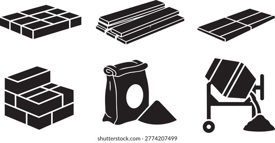 Collection of construction and renovation icons featuring building materials like bricks, lumber, tiles, cement, and a portable concrete mixer machine.