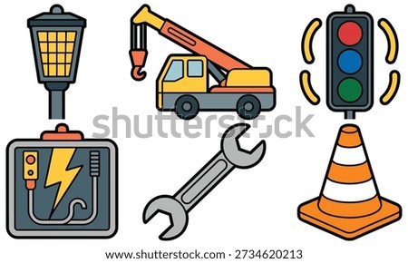 Collection of construction and roadwork icons featuring a street lamp, traffic light, crane truck, traffic cone, electrical panel, and wrench, representing various aspects of infrastructure projects and maintenance tasks in a simple and modern design.