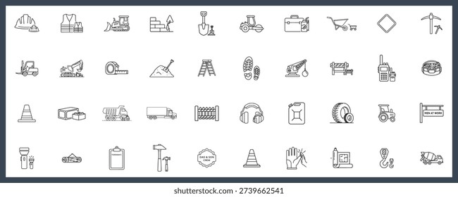 A collection of construction and safety line icons, perfect for construction companies, safety manuals, or architectural firms. These simple illustrations cover various construction tools, equipment, and safety signs, making them relevant for the industry.