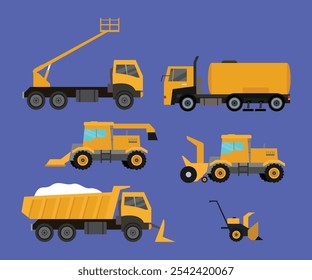 Coleção de Construção e Neve Remoção de Veículos em Estilo Plano 2d plana vetor ilustrações
