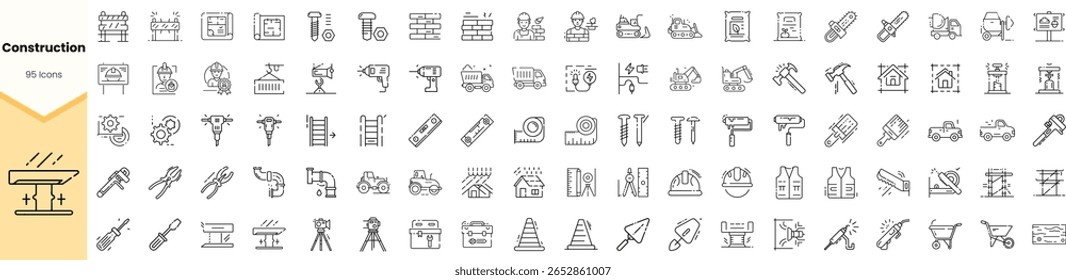 A collection of construction and tool icons in a minimalistic style, featuring various equipment and symbols, perfect for design projects related to construction and craftsmanship.