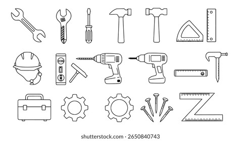 Collection of construction tool outline icons. Handyman and DIY equipment.